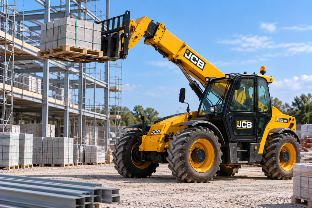 Telehandler lifting a pallet of blocks beside scaffolding