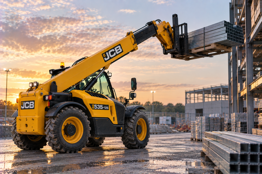 Telehandler placing steel onto an upper floor at sunrise