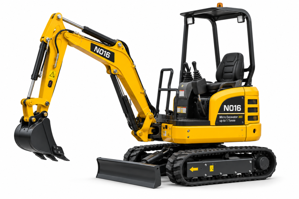N016 micro excavator with canopy and dozer blade on a white background