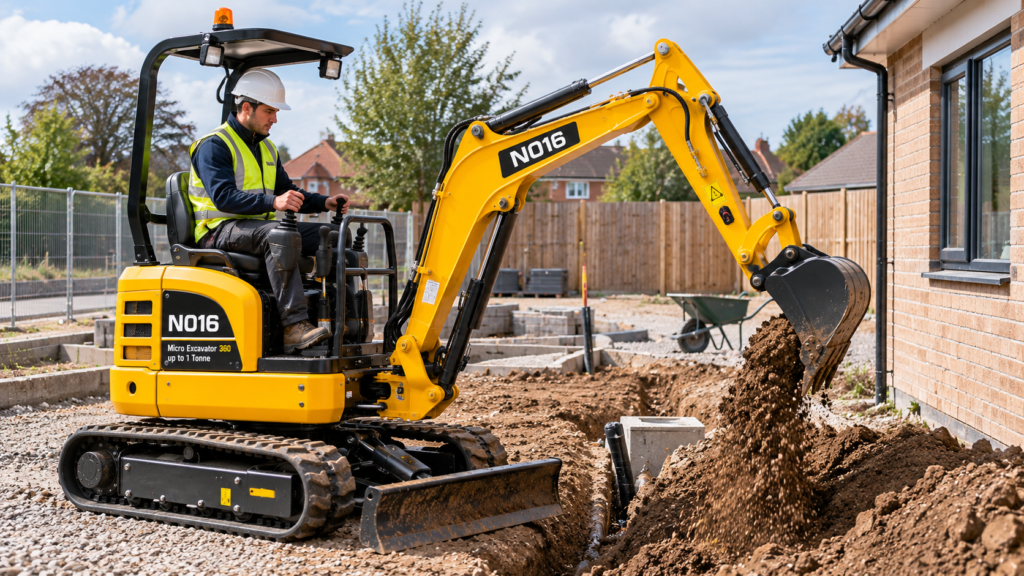 Operator digging a trench beside a house with an N016 micro excavator