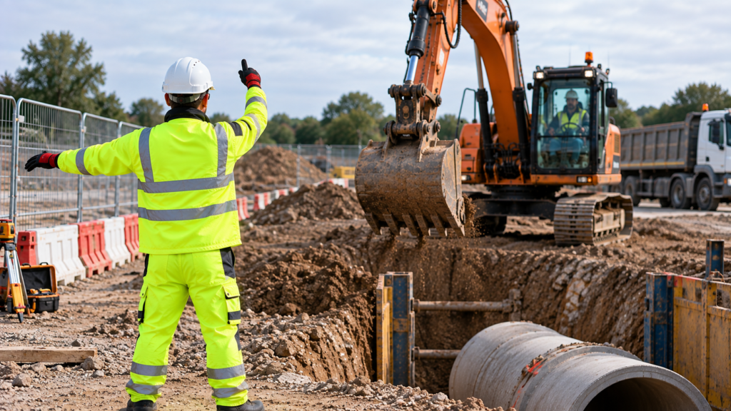 Banksperson guiding an excavator bucket into a trench beside concrete pipes
