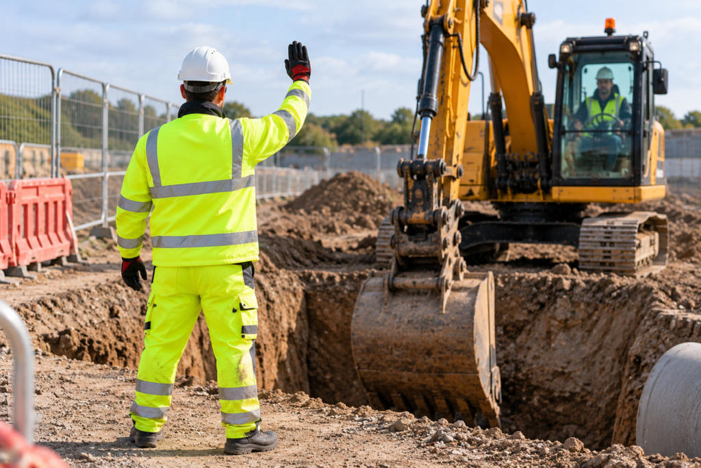 Excavation marshal directing an excavator digging a trench