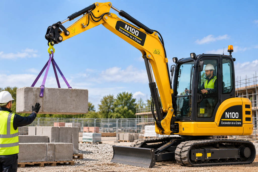 Excavator lifting a concrete block on slings while a signaller directs the lift