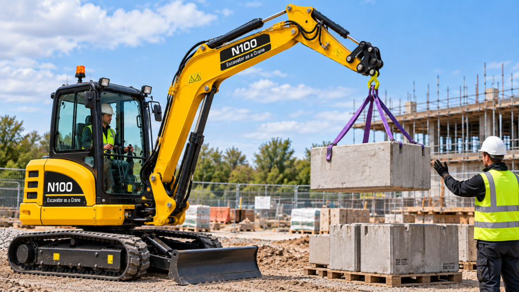 Excavator used as a crane to lift a concrete block on a building site