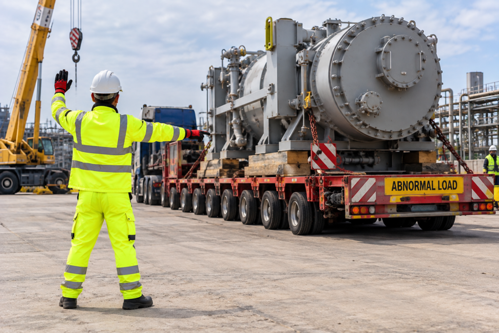 Marshal directing a plant mover carrying an abnormal load