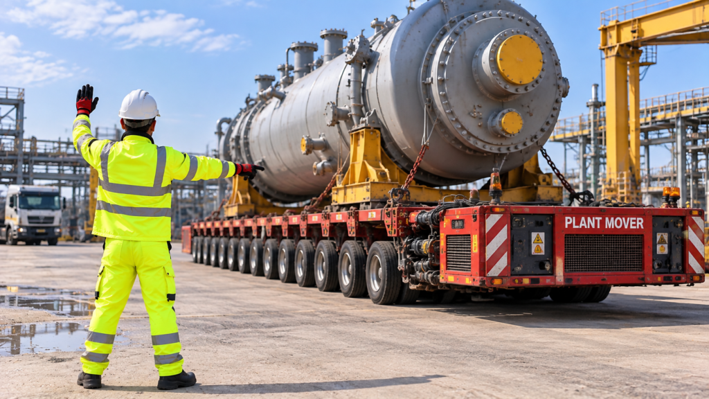 Marshal guiding a multi-axle plant mover transporting a large steel vessel