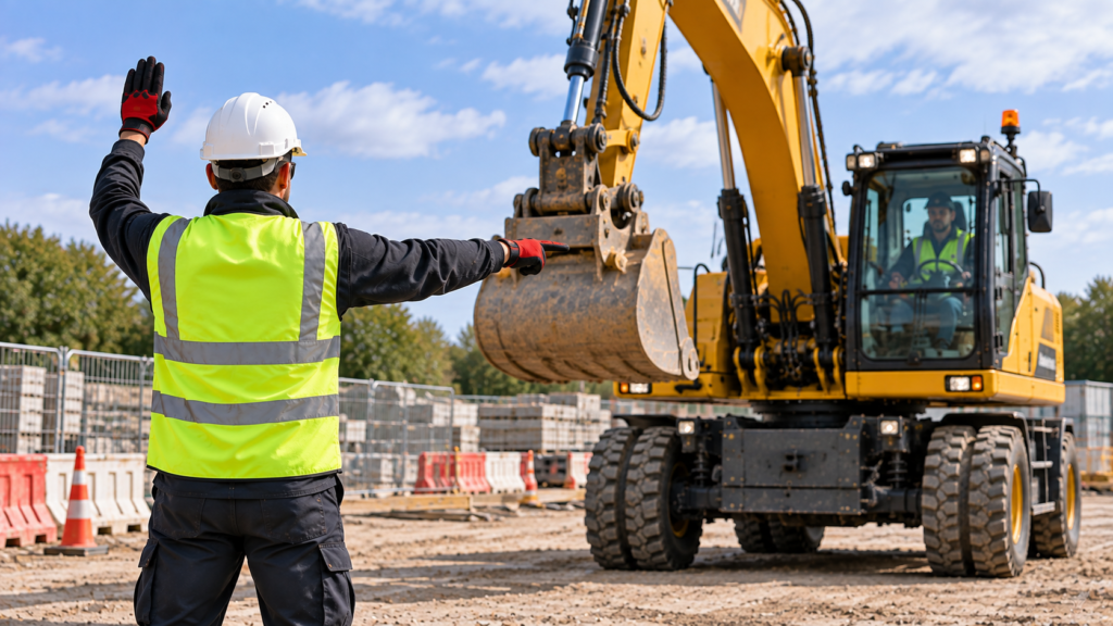 Plant machinery marshal signalling to a wheeled excavator operator on site