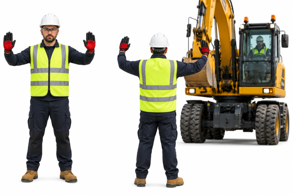 Plant machinery marshal giving a stop signal beside a wheeled excavator