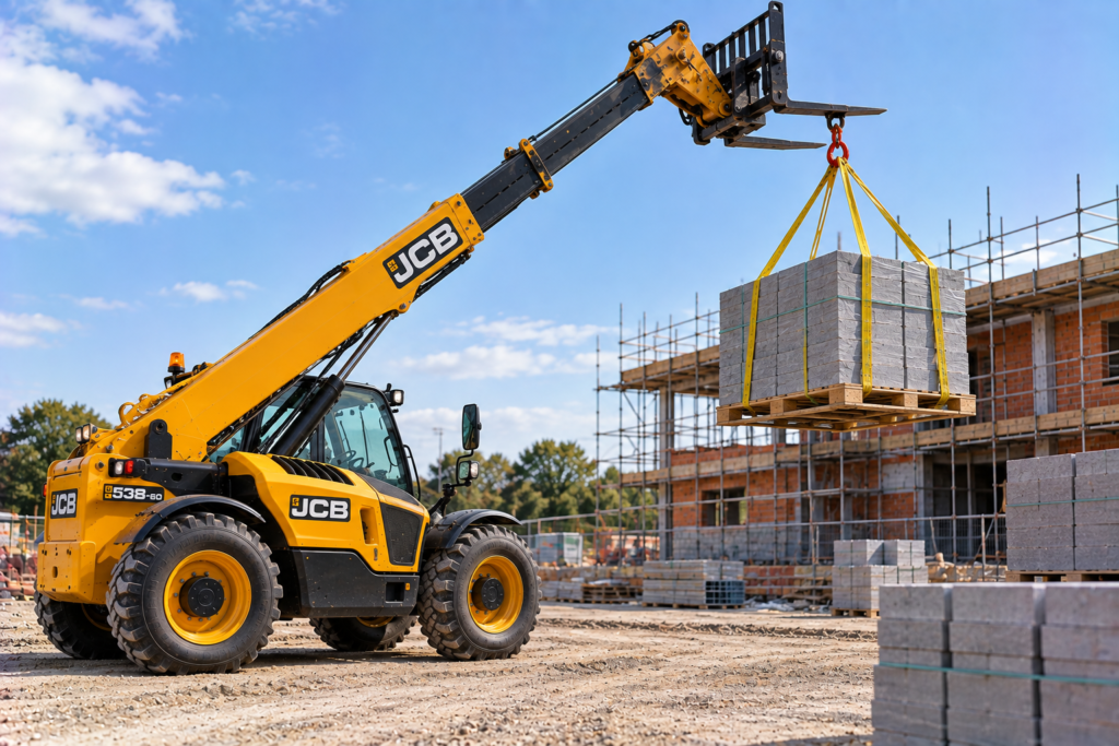 Telehandler lifting a suspended load of blocks on slings