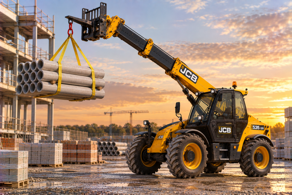 Telehandler lifting concrete pipes as a suspended load on straps
