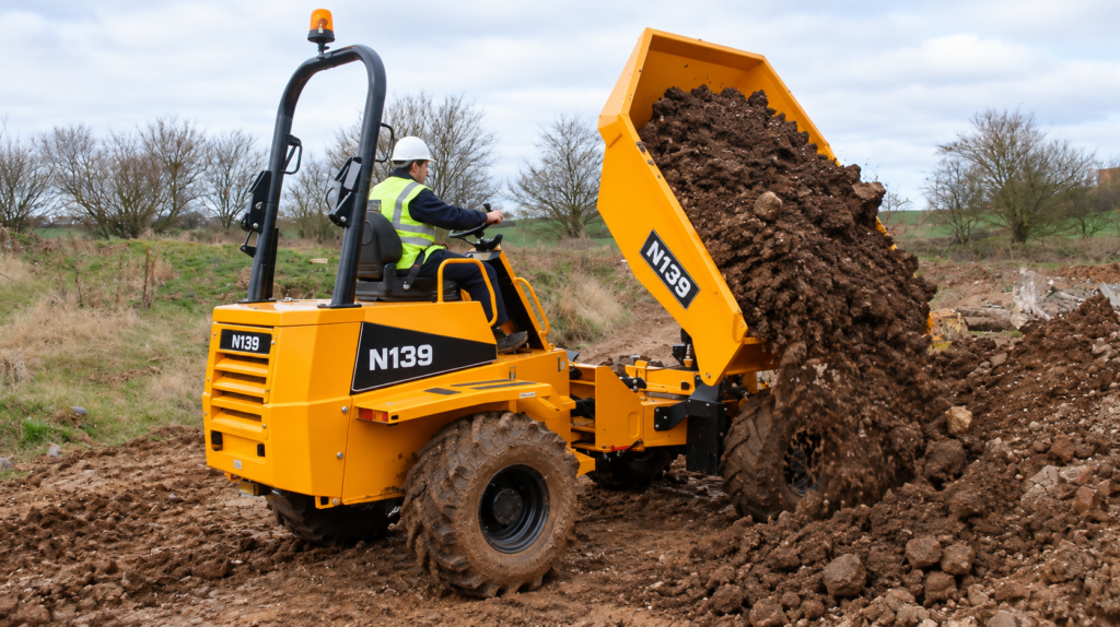 Operator tipping soil from an N139 forward tipping mini dumper