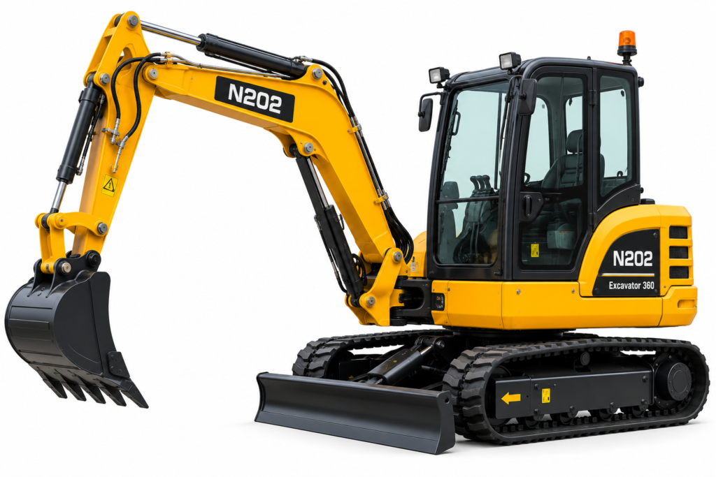 N202 360 excavator with cab and dozer blade on a white background
