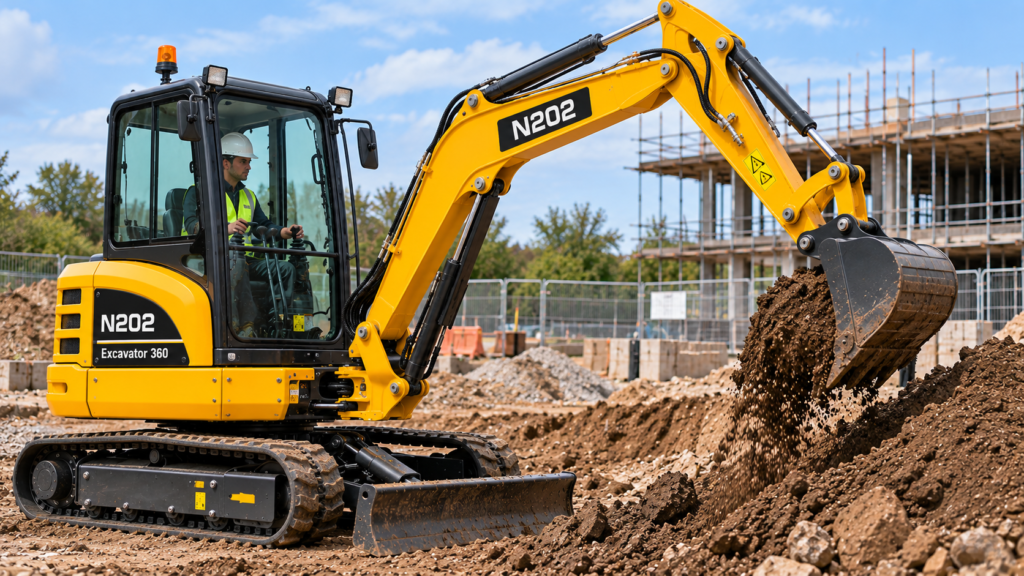 Operator digging on a building site with an N202 360 excavator