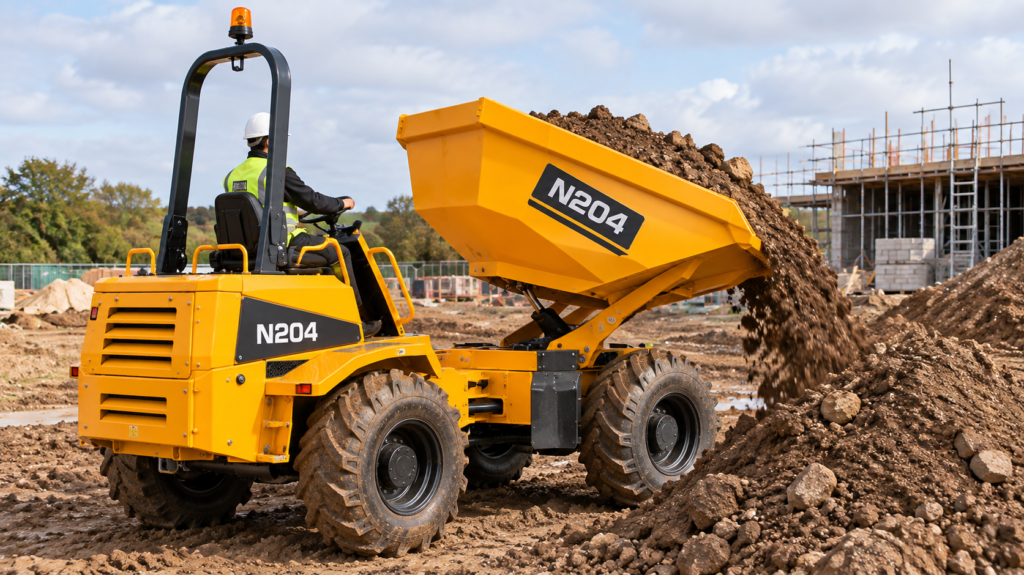 Operator tipping soil from an N204 forward tipping dumper on a building site