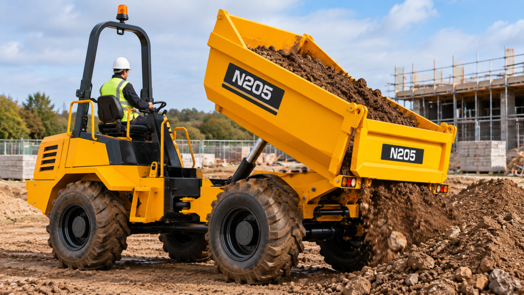 Operator tipping soil from an N205 rear tipping dumper on a building site