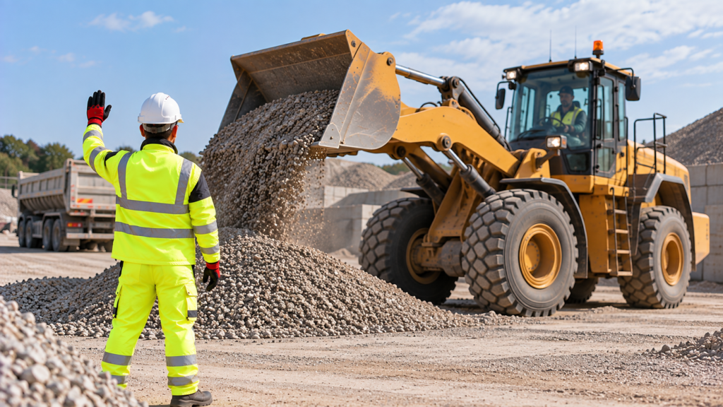 Loading shovel tipping gravel onto a stockpile while a marshal guides it