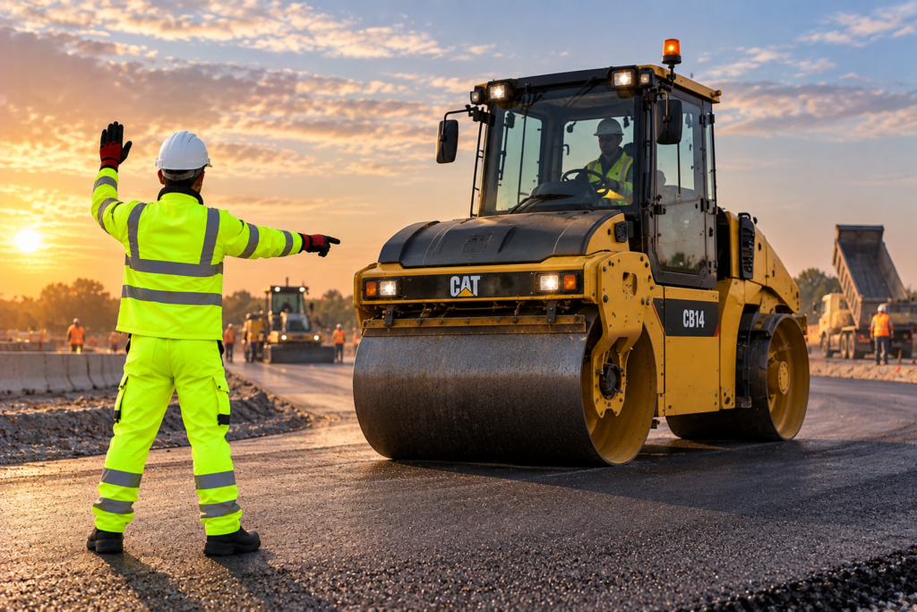 Road roller on new tarmac at sunset guided by a marshal