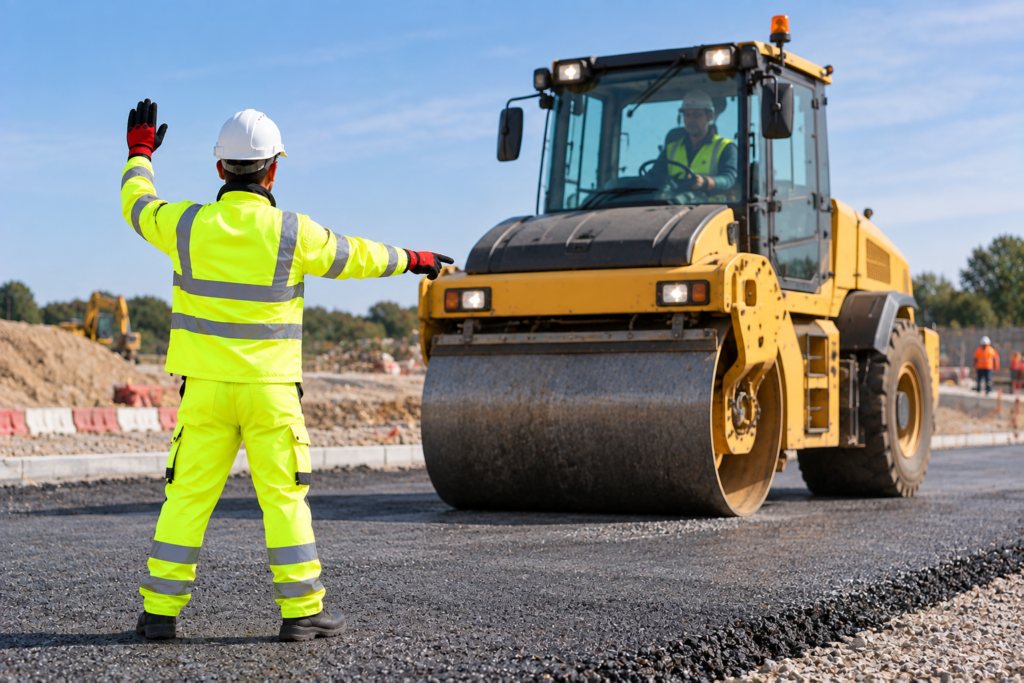 Marshal directing a road roller compacting fresh tarmac