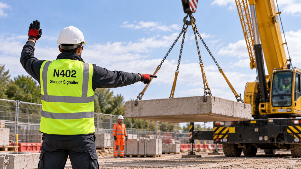 Slinger signaller directing a mobile crane lifting a concrete slab