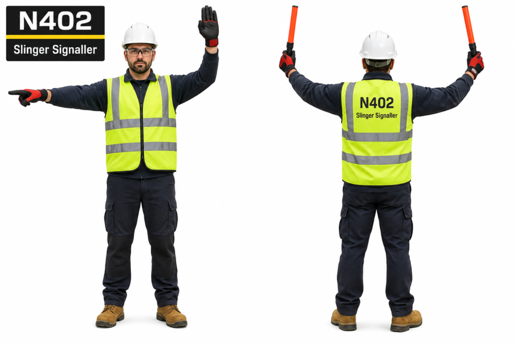 Slinger signaller demonstrating hand signals from the front and back