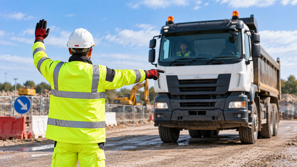 Vehicle marshal guiding a tipper lorry through a construction site
