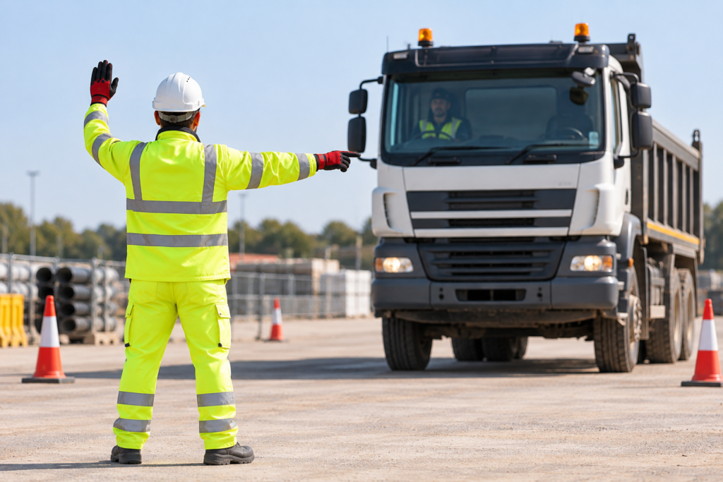 Vehicle marshal in full hi-vis signalling to a tipper lorry driver
