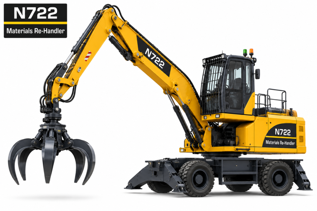 N722 materials re-handler with a grab attachment on a white background