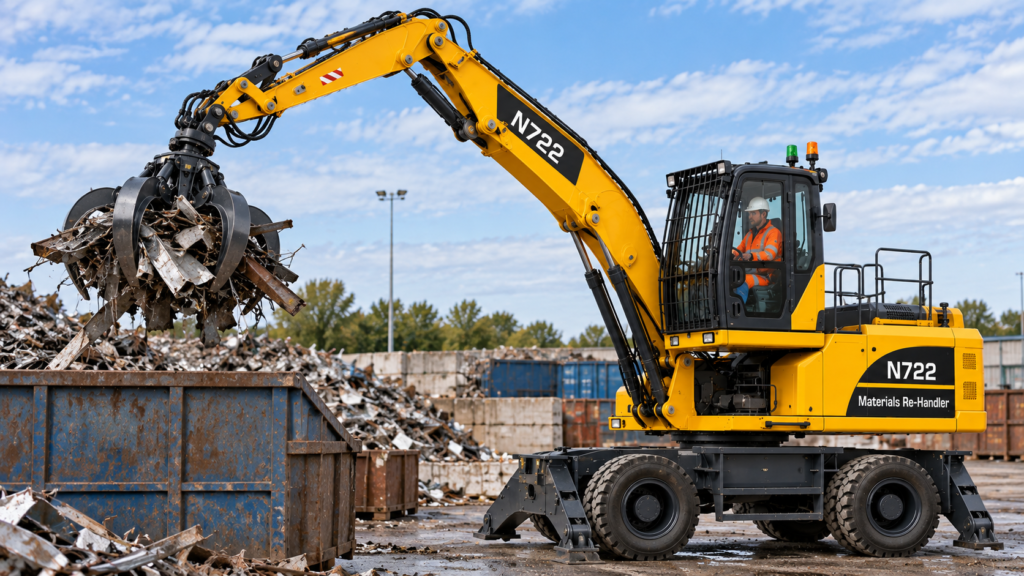 Materials re-handler lifting scrap metal with a grab in a recycling yard
