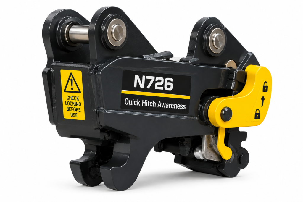 Excavator quick hitch coupler with a label to check locking before use