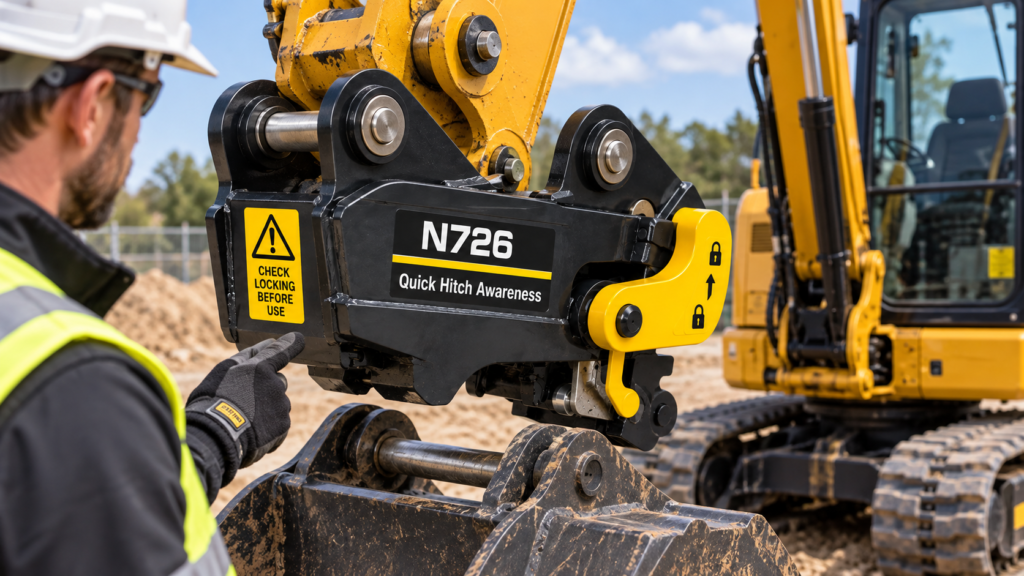 Operator checking the locking mechanism of a quick hitch on an excavator